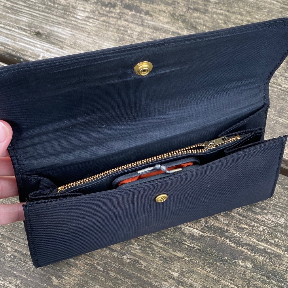 Vintage 1950s Black Faille Evening Clutch - Rau Fastener Co. Hardware